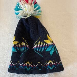 Vintage Smiley Pure Wool Nordic Ski BeaniePom PomHat Made in USA Sparks NV